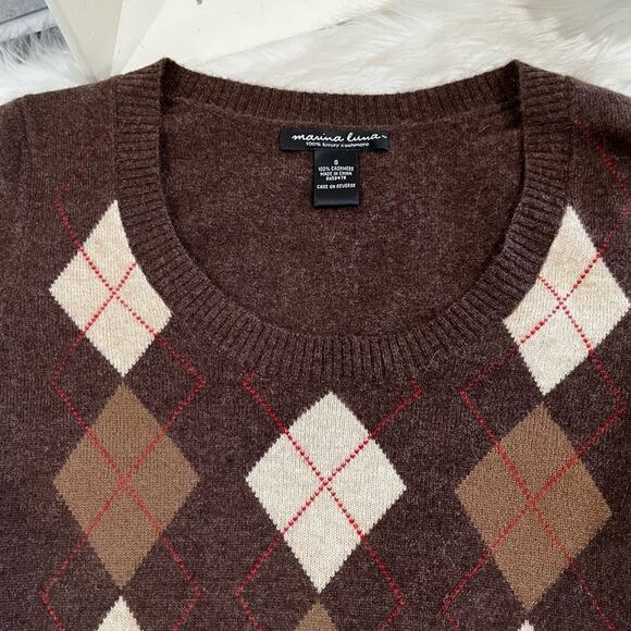 NEW Marina Luna Cashmere Argyle Classic Preppy Timeless Layering Sweater S NWOT - Picture 9 of 15